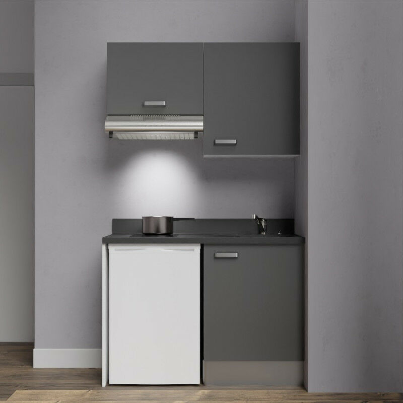 Kitchenette K01 - 120cm avec emplacement frigo top et hotte | MACADAM - NERO - Vasque à droite