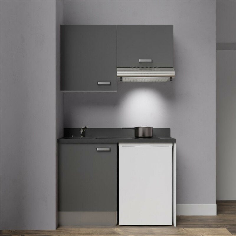 Kitchenette K01 - 120cm avec emplacement frigo top et hotte | MACADAM - NERO - Vasque à gauche