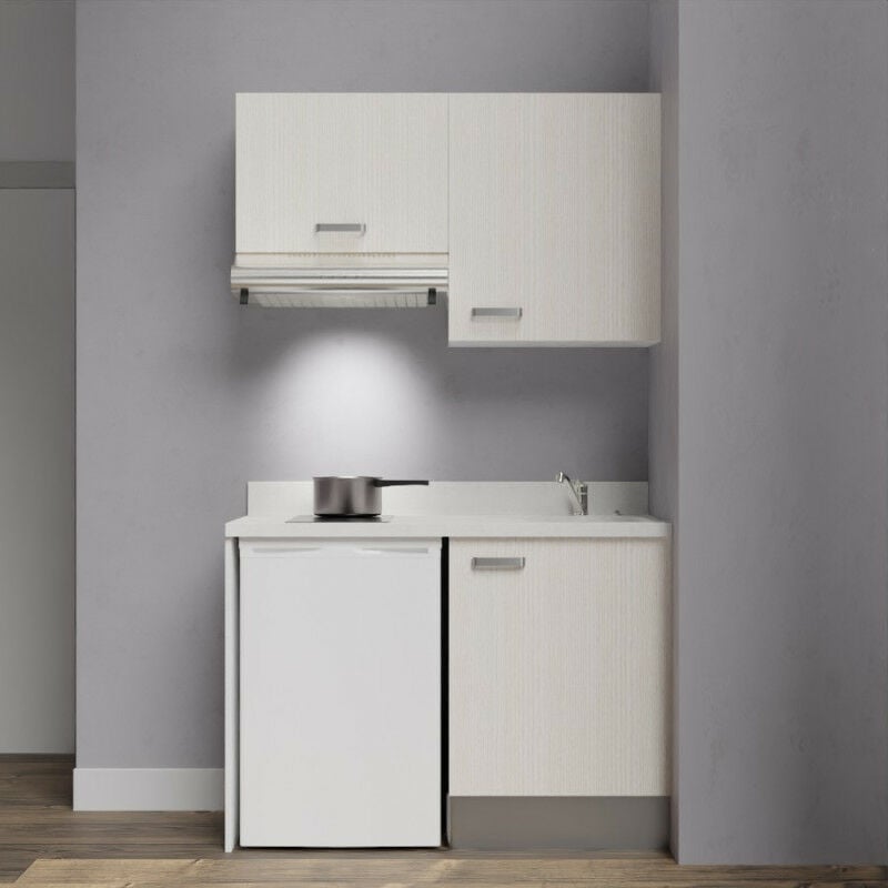 Kitchenette 120 - Kitchenette K01 - 120cm avec emplacement frigo top et hotte | SNOVA - PIN BLANC - Vasque à droite