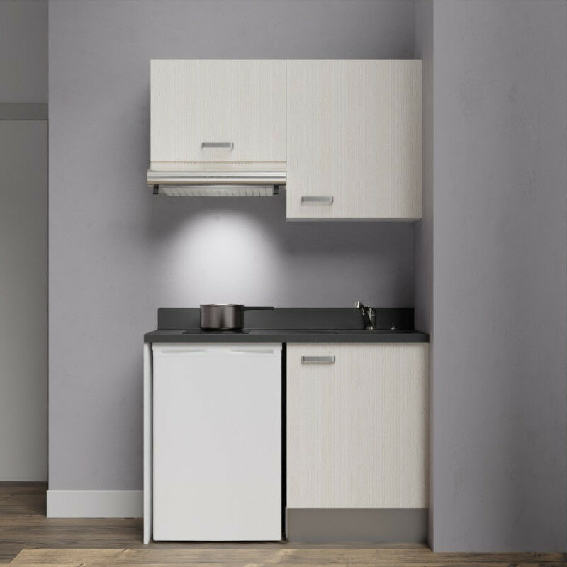 Kitchenette K01 - 120cm avec emplacement frigo top et hotte | NERO - PIN BLANC - Vasque à droite