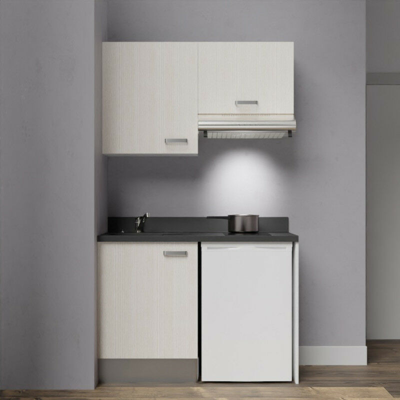 Kitchenette 120 - Kitchenette K01 - 120cm avec emplacement frigo top et hotte | NERO - PIN BLANC - Vasque à gauche