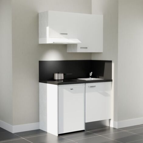 Kitchenette K01L-PT - 120 cm avec plan de travail et évier, emplacements frigo et hotte - Façade Blanc - Plan Noir texturé - Evier Inox - Crédences Oui