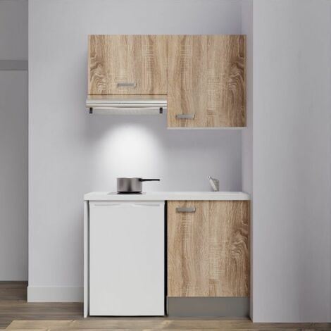 Kitchenette K01L-PT - 120 cm avec plan de travail et évier, emplacements frigo et hotte Façade Bois - Plan Blanc - Evier Blanc