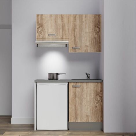 Kitchenette K01L-PT - 120 cm avec plan de travail et évier, emplacements frigo et hotte - Façade Bois - Plan Gris béton - Evier Inox - Crédences Non