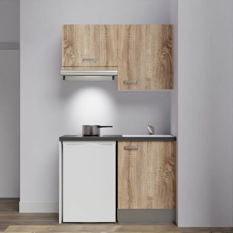 Kitchenette K01L-PT - 120 cm avec plan de travail et évier, emplacements frigo et hotte - Façade Bois - Plan Noir texturé - Evier Inox - Crédences Non