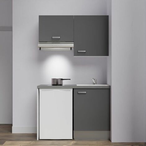 Kitchenette K01L-PT - 120 cm avec plan de travail et évier, emplacements frigo et hotte - Façade Gris - Plan Gris béton - Evier Inox - Crédences Non