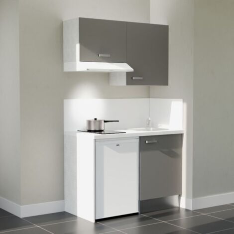 Kitchenette K01L-PT - 120 cm avec plan de travail et évier - Façade Gris - Plan Blanc - Crédences Oui