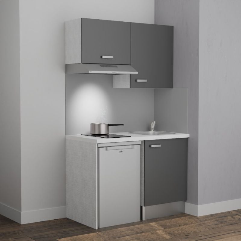 Kitchenette K01L-PT - 120 cm avec plan de travail et évier - Façade Gris - Plan Blanc - Crédences Non