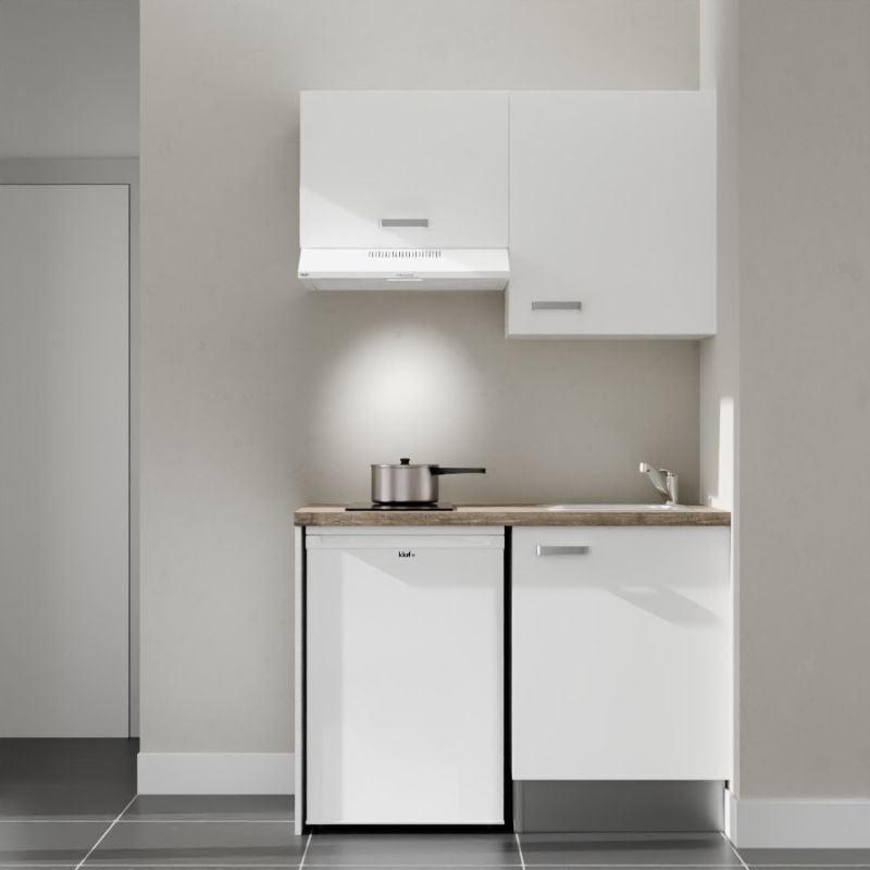 Kitchenette K01L-PT - 120 cm avec plan de travail et évier, emplacements frigo et hotte - Façade Blanc - Plan Bois - Evier Inox - Crédences Non