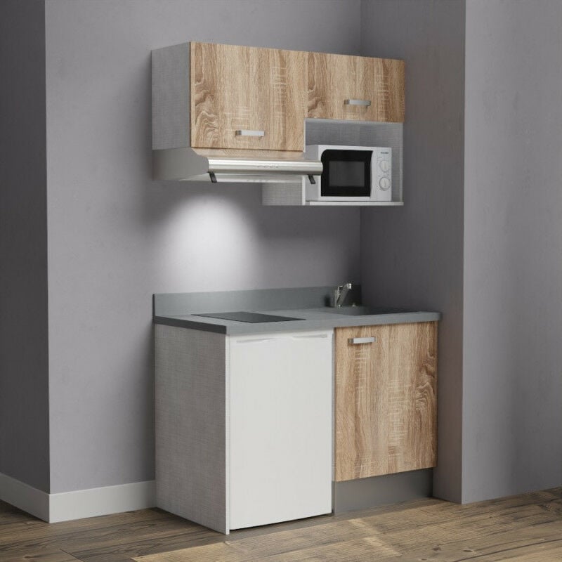 Kitchenette K02 - 120 cm avec emplacement frigo top, hotte et micro-ondes | CROMO - BARDOLINO - evier-a-droite