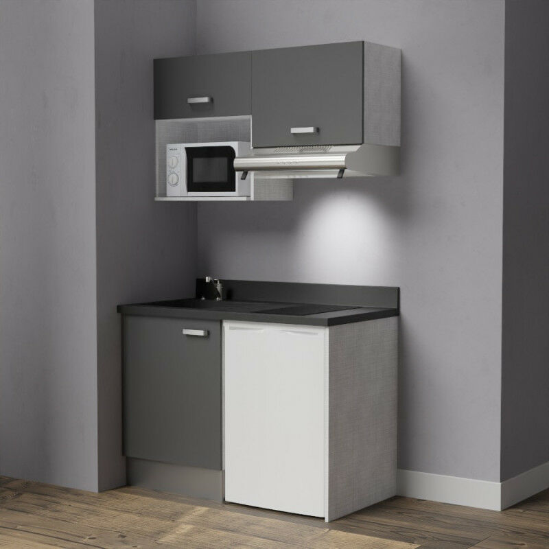 Kitchenette K02 - 120cm avec emplacement frigo top, hotte et micro-ondes | MACADAM - NERO - Vasque à gauche - KITCHENETTE 120