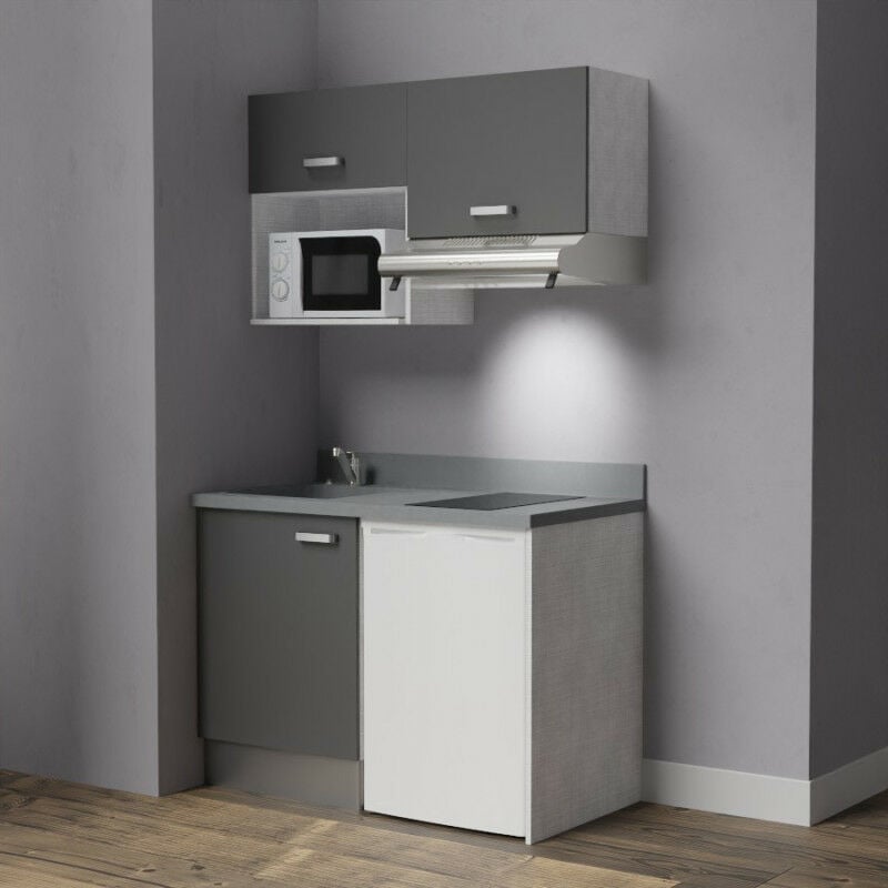 Kitchenette K02 - 120 cm avec emplacement frigo top, hotte et micro-ondes | CROMO - MACADAM - evier-a-gauche