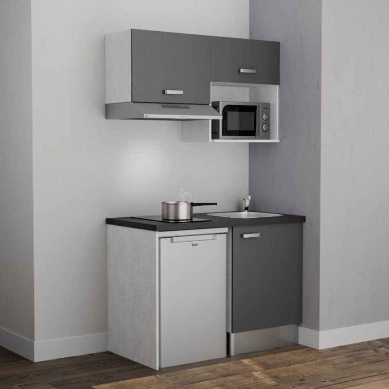 Kitchenette K02L-PT - 120 cm avec plan de travail et évier - emplacements frigo, hotte et micro-ondes - Façade Gris - Plan Noir - Evier Inox