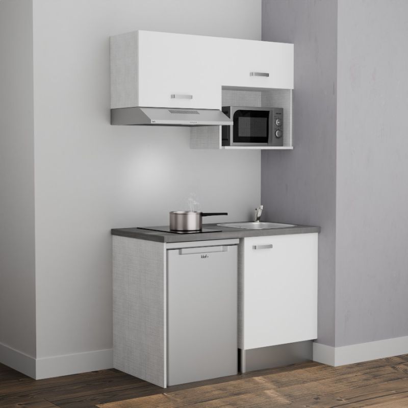 Kitchenette K02L-PT - 120 cm avec plan de travail et évier - emplacements frigo, hotte et micro-ondes - Façade Blanc - Plan Gris - Evier Inox