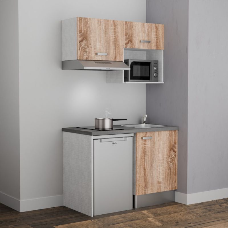 Kitchenette K02L-PT - 120 cm avec plan de travail et évier - emplacements frigo, hotte et micro-ondes - Façade Bois - Plan Gris - Evier Inox