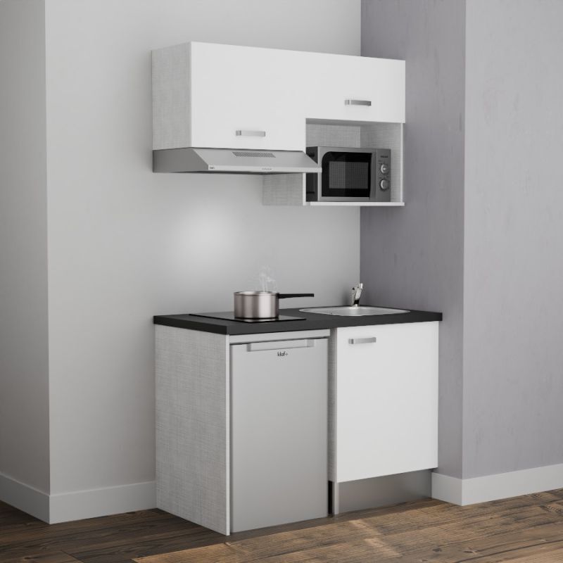 Kitchenette K02L-PT - 120 cm avec plan de travail et évier - emplacements frigo, hotte et micro-ondes - Façade Blanc - Plan Noir - Evier Inox