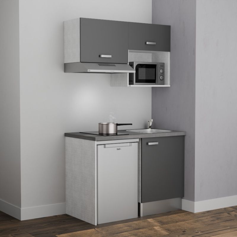 Kitchenette K02L-PT - 120 cm avec plan de travail et évier - emplacements frigo, hotte et micro-ondes - Façade Gris - Plan Gris - Evier Inox