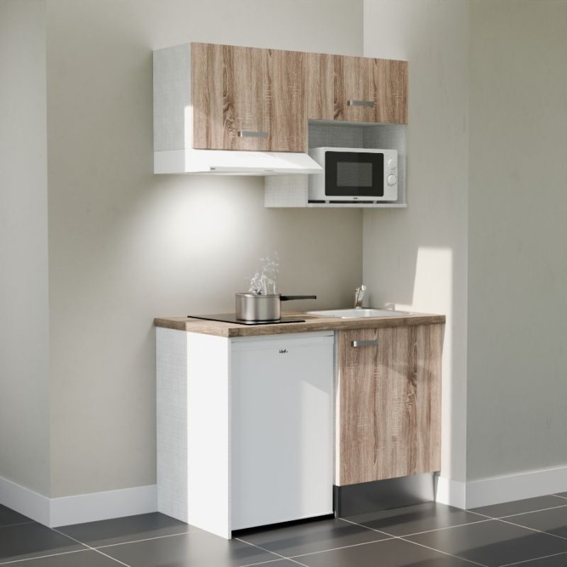 Kitchenette K02L-PT - 120 cm avec plan de travail et évier - emplacements frigo, hotte et micro-ondes - Façade Bois - Plan Bois - Evier Inox