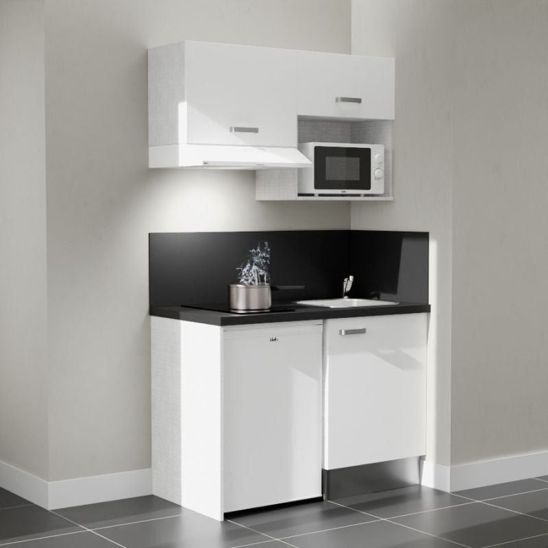 Kitchenette K02L-PT - 120 cm avec plan de travail et évier - emplacements frigo, hotte et micro-ondes - Façade Blanc - Plan Noir texturé - Evier Inox