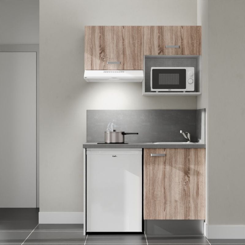 Kitchenette K02L-PT - 120 cm avec plan de travail et évier - emplacements frigo, hotte et micro-ondes - Façade Bois - Plan Gris béton - Evier Inox