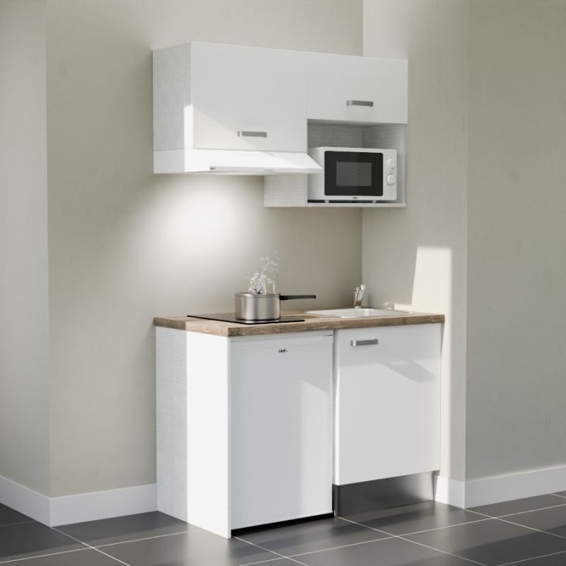 Kitchenette K02L-PT - 120 cm avec plan de travail et évier - emplacements frigo, hotte et micro-ondes - Façade Blanc - Plan Bois - Evier Inox