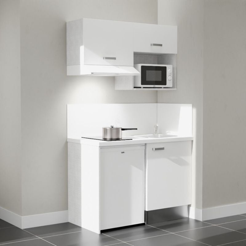 Kitchenette K02L-PT - 120 cm avec plan de travail et évier - Façade Blanc - Plan Blanc - Crédences Oui