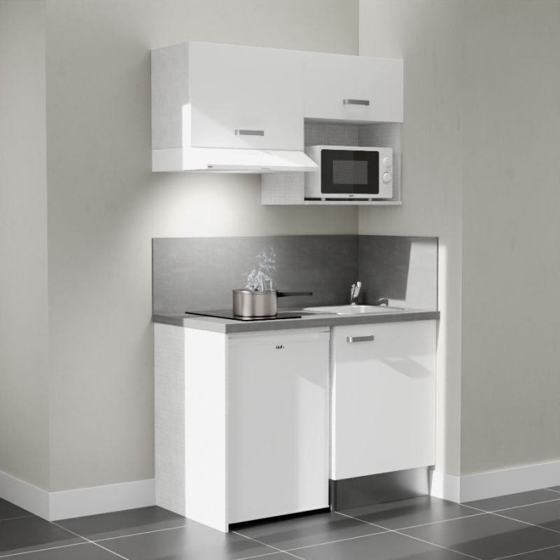 Kitchenette K02L-PT - 120 cm avec plan de travail et évier - emplacements frigo, hotte et micro-ondes - Façade Blanc - Plan Gris béton - Evier Inox