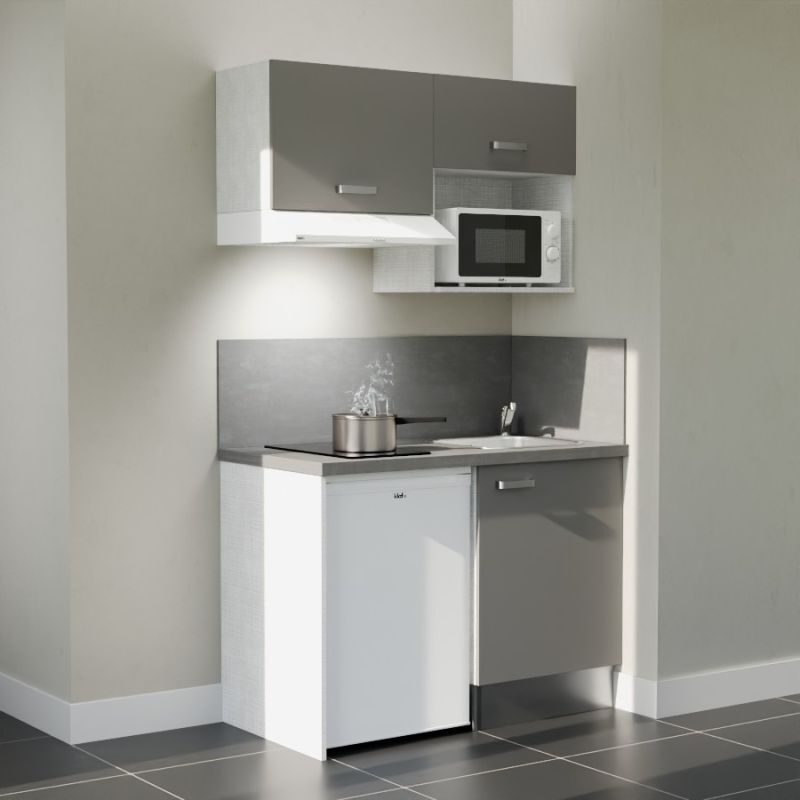 Cuisibane - Kitchenette K02L-PT - 120 cm avec plan de travail et évier - emplacements frigo, hotte et micro-ondes - Façade Gris - Plan Gris béton