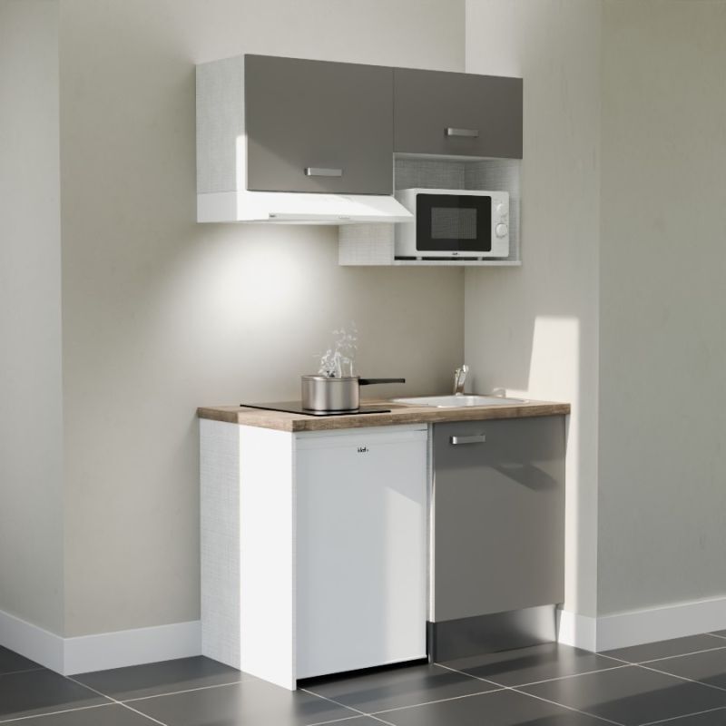 Kitchenette K02L-PT - 120 cm avec plan de travail et évier - emplacements frigo, hotte et micro-ondes - Façade Gris - Plan Bois - Evier Inox