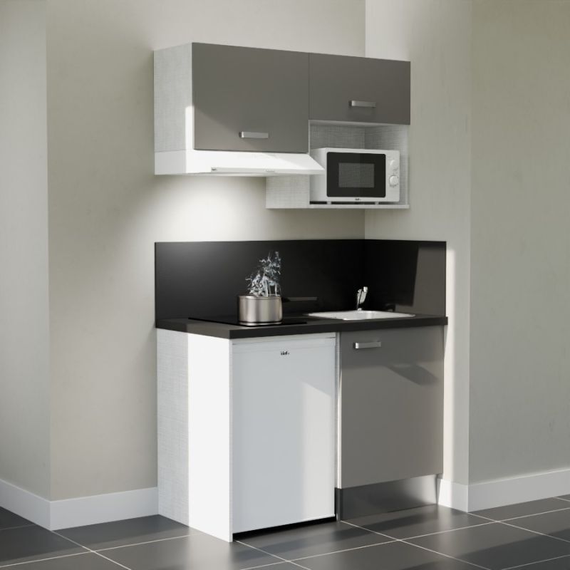 Cuisibane - Kitchenette K02L-PT - 120 cm avec plan de travail et évier - emplacements frigo, hotte et micro-ondes - Façade Gris - Plan Noir texturé