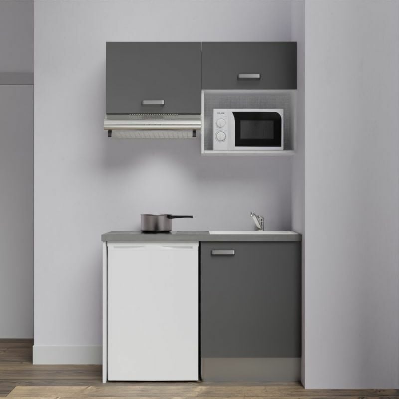 Kitchenette K02L-PT - 120 cm avec plan de travail et évier - emplacements frigo, hotte et micro-ondes Façade Gris - Plan Gris - Evier Blanc
