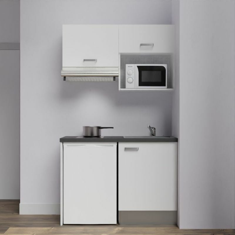 Kitchenette K02L-PT - 120 cm avec plan de travail et évier - emplacements frigo, hotte et micro-ondes Façade Blanc - Plan Noir - Evier Gris