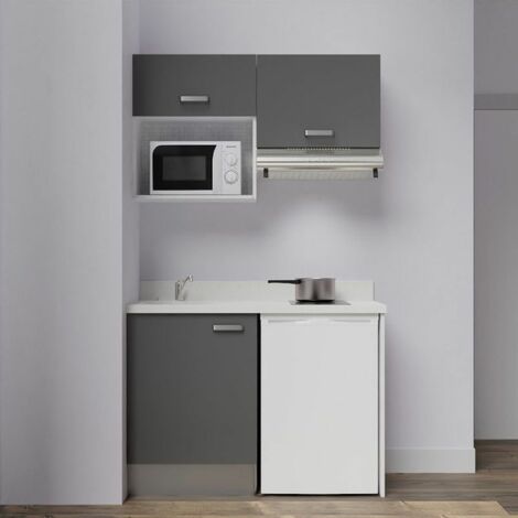 Kitchenette K02L - 120 cm avec plan monobloc, emplacement frigo, hotte et micro-ondes-Gris-Snova-évier à gauche