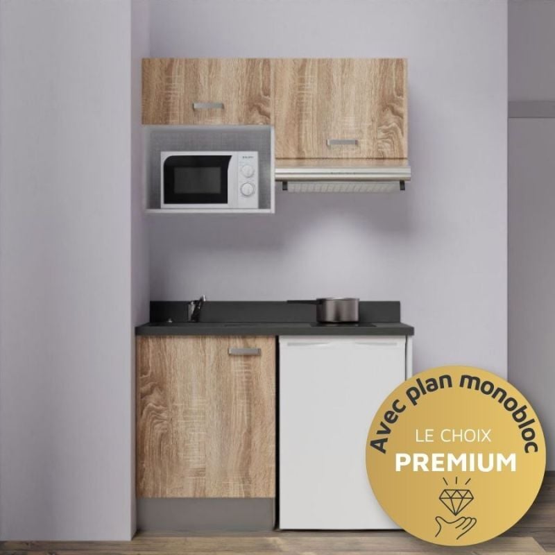Kitchenette K02L - 120 cm avec plan monobloc, emplacement frigo, hotte et micro-ondes-Bois-Nero-évier à gauche