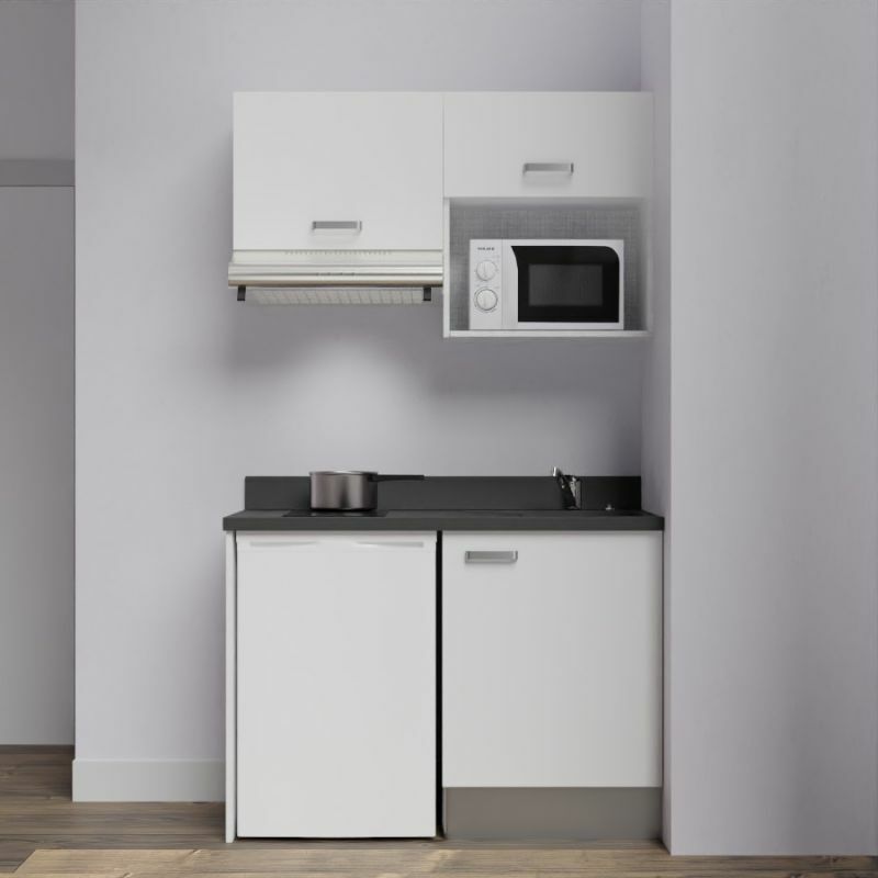 Kitchenette K02L - 120 cm avec plan monobloc, emplacement frigo, hotte et micro-ondes-Blanc-Nero-évier à droite