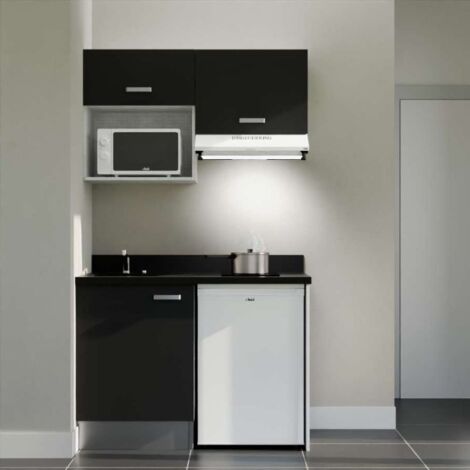 Kitchenette K02L - 120 cm - plan monobloc évier intégré Nero- évier à gauche - Façades Noir + Electroménager inclus coloris Blanc