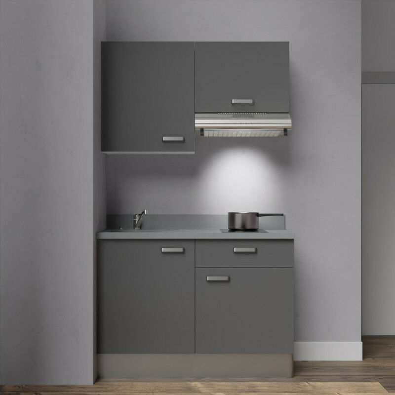 Kitchenette K03 - 120 cm avec rangements et hotte | CROMO - MACADAM - Vasque à gauche