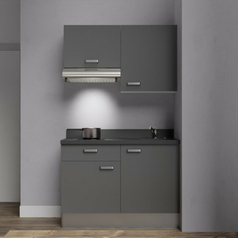 Kitchenette K03 - 120 cm avec rangements et hotte | MACADAM - NERO - Vasque à droite