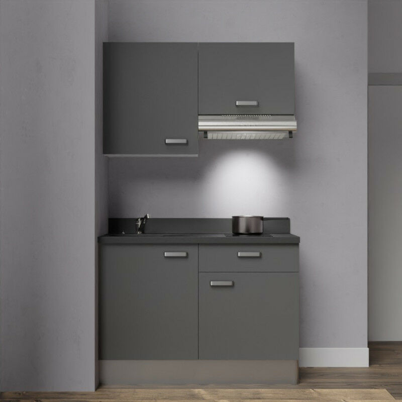 Kitchenette K03 - 120 cm avec rangements et hotte | MACADAM - NERO - Vasque à gauche