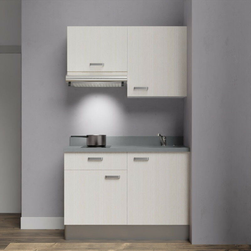 Kitchenette K03 - 120 cm avec rangements et hotte | CROMO - PIN BLANC - evier-a-droite