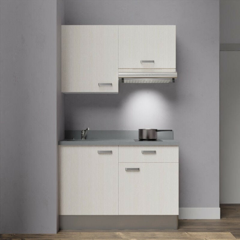 Kitchenette K03 - 120 cm avec rangements et hotte | CROMO - PIN BLANC - Vasque à gauche