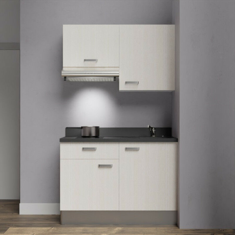 Kitchenette K03 - 120 cm avec rangements et hotte | NERO - PIN BLANC - Vasque à droite