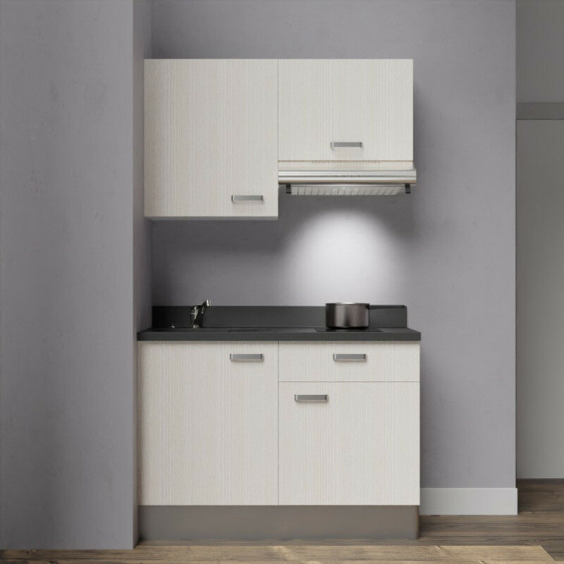 Kitchenette K03 - 120 cm avec rangements et hotte | NERO - PIN BLANC - Vasque à gauche