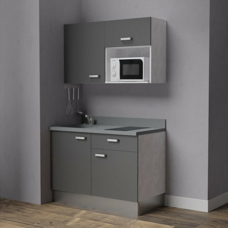 Kitchenette 120 - Kitchenette K06 - 120 cm avec emplacement micro-ondes | CROMO - MACADAM - Vasque à gauche
