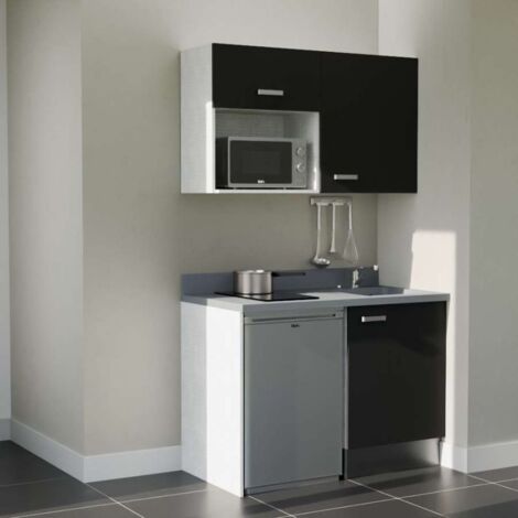 Kitchenette K07L - 120 cm - emplacements frigo top et micro-ondes-Noir-Cromo-évier à droite