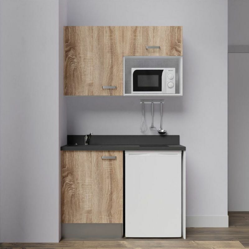 Kitchenette K07L - 120 cm - emplacements frigo top et micro-ondes-Bois-Nero-évier à gauche