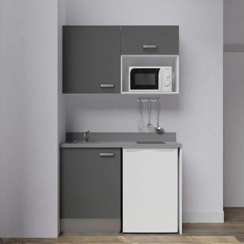 Kitchenette K07L - 120 cm - emplacements frigo top et micro-ondes-Gris-Cromo-évier à gauche