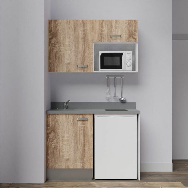 Kitchenette K07L - 120 cm - emplacements frigo top et micro-ondes-Bois-Cromo-évier à gauche