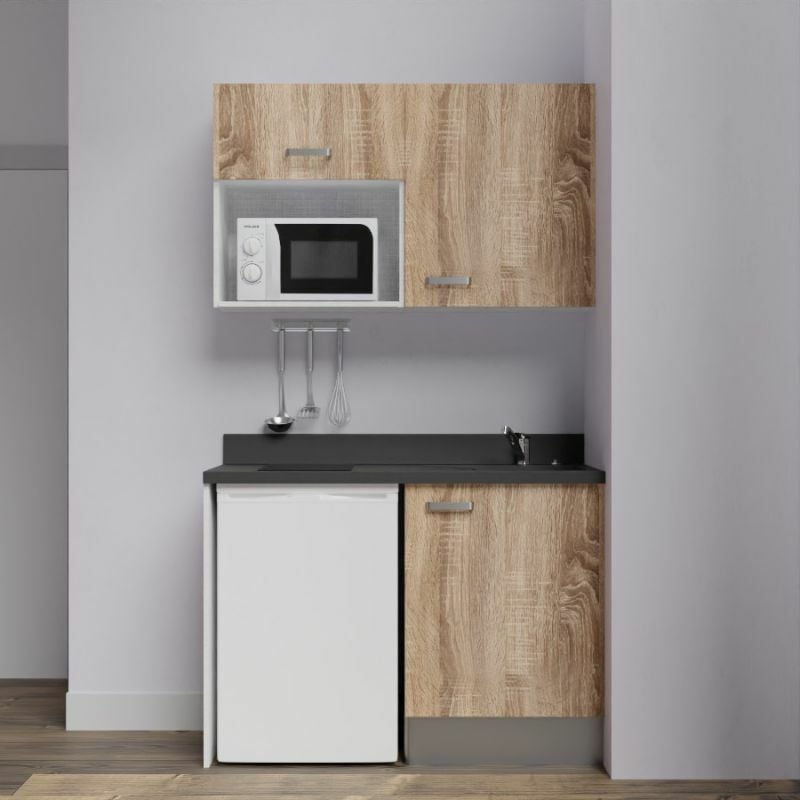 Kitchenette K07L - 120 cm - emplacements frigo top et micro-ondes-Bois-Nero-évier à droite