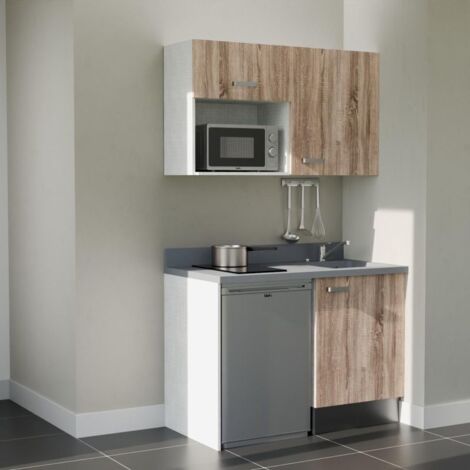 Kitchenette K07L - 120 cm - plan monobloc évier intégré Cromo- évier à droite - Façades Bois + Electroménager inclus coloris Inox